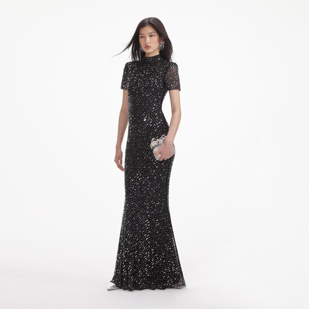 SELF PORTRAIT SS24 Black Square Rhinestone Mesh Maxi Dress