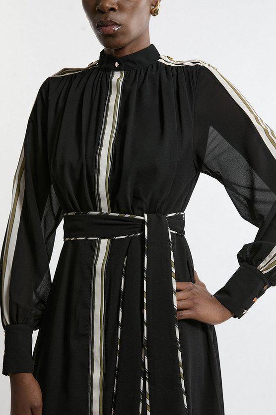 Karen Millen UK SALE Military Mono Stripe Balloon Sleeve Maxi Dress