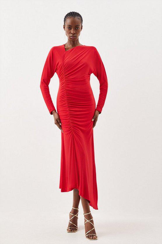 Karen Millen UK SALE Jersey Crepe Ruched Long Sleeve Midi Dress - red