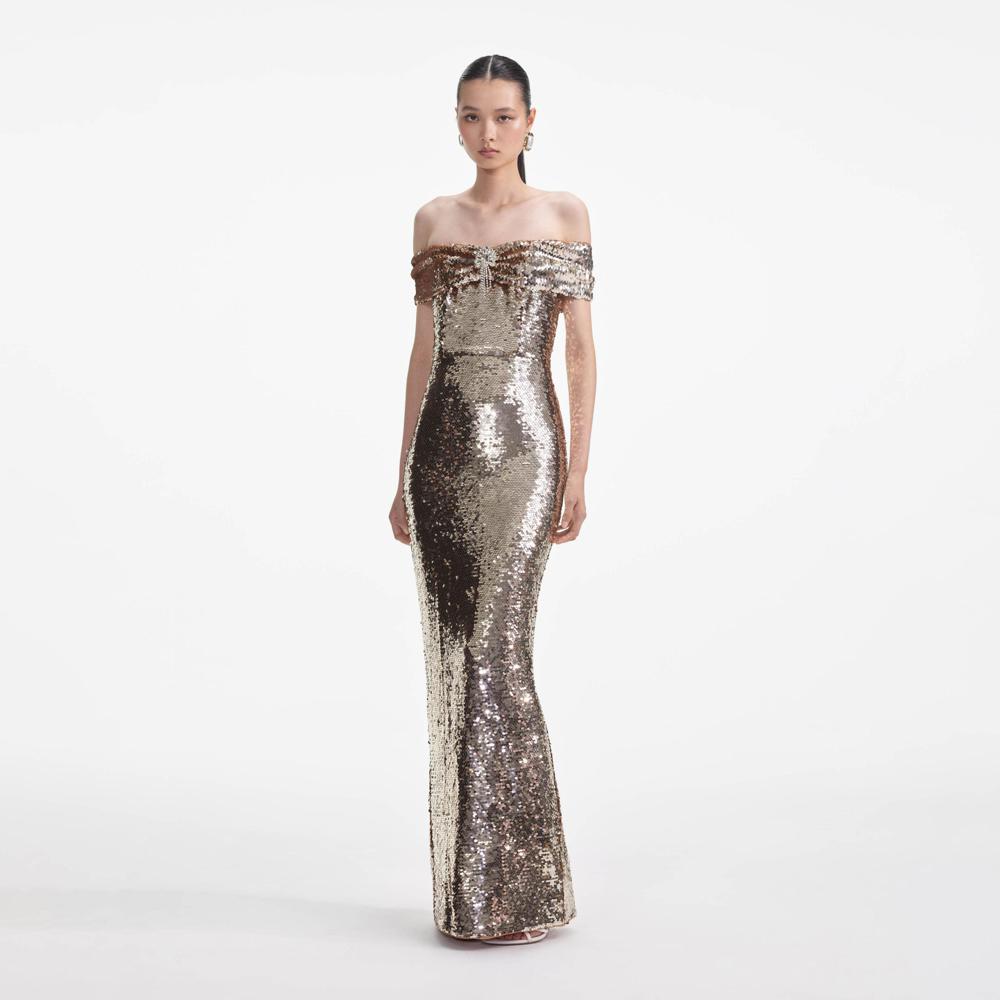 SELF PORTRAIT VIP SS24 Gold Sequin Maxi Dress