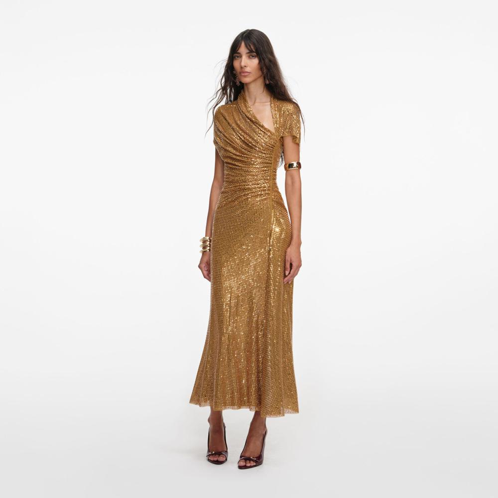 SP VIP PRICE Gold Rhinestone Drape Midi Dress