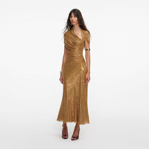 SP VIP PRICE Gold Rhinestone Drape Midi Dress