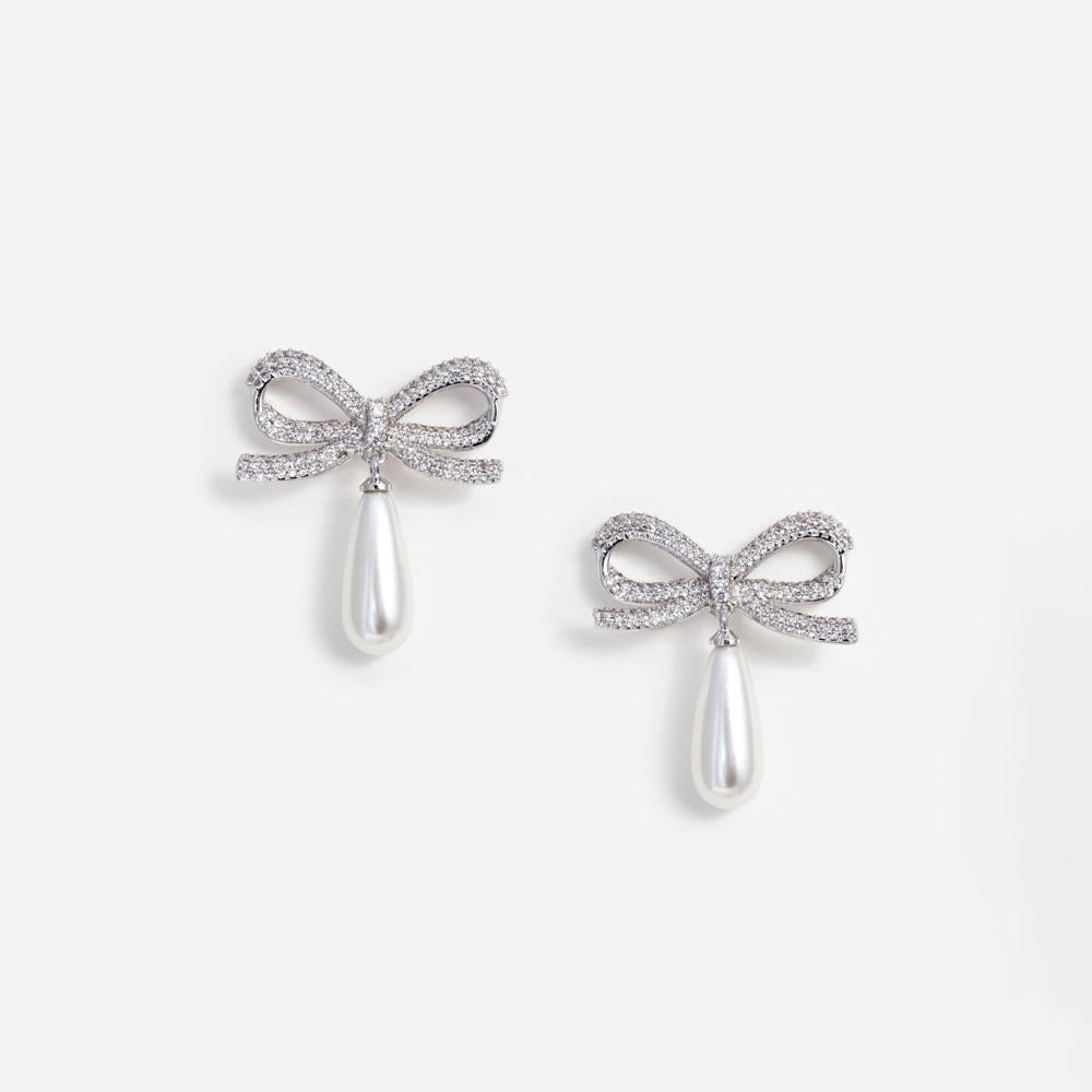 SP VIP PRICE Crystal Bow Pearl Droplet Earrings