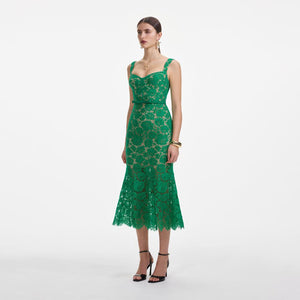 SELF PORTRAIT SS25 VIP PRICE Green Fine Lace Midi Dress