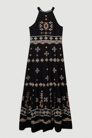 Karen Millen UK SALE Cotton Embroidered Woven Halter Maxi Dress