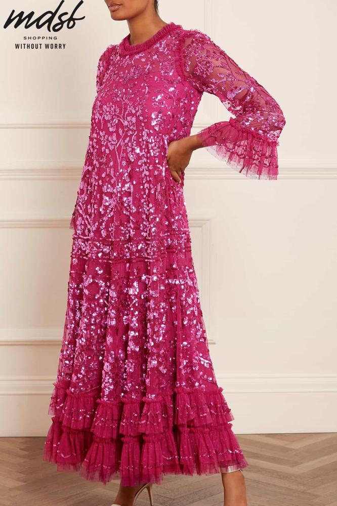 Needle & Thread CHRISTMAS SALE Celia Long Sleeve Ankle Gown - pink