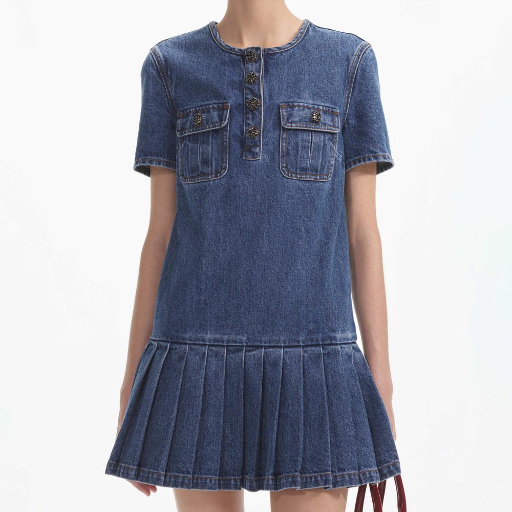 SELF PORTRAIT SS24 Pleated Denim Mini Dress