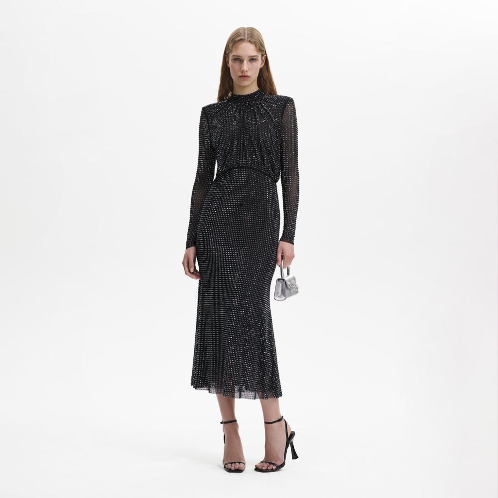 SELF PORTRAIT BLACK FRIDAY SALE Black Rhinestone Mesh Long Sleeve Midi Dress