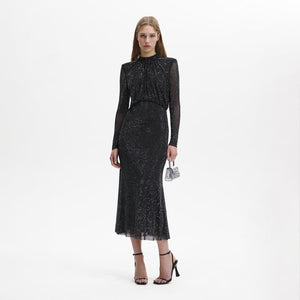 SELF PORTRAIT BLACK FRIDAY SALE Black Rhinestone Mesh Long Sleeve Midi Dress