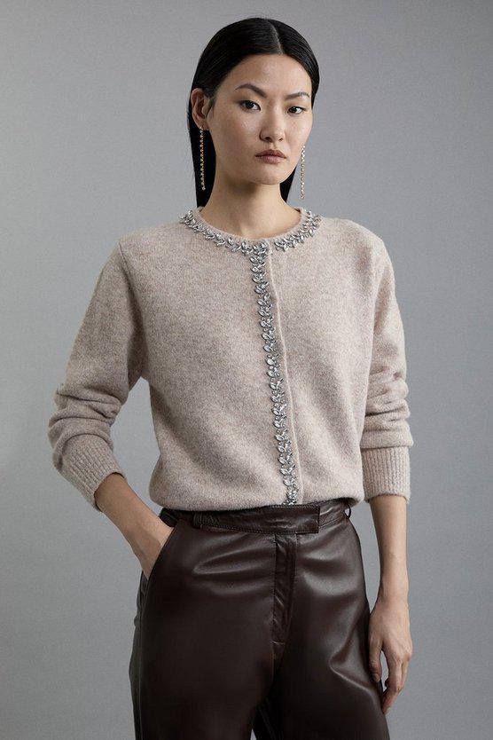 Karen Millen UK SALE Embellished Trim Cosy Knit Cardigan - oatmeal