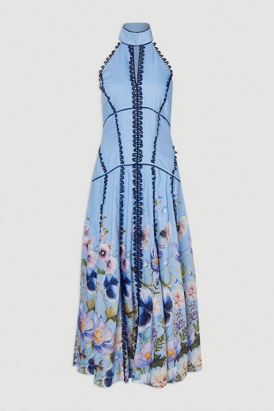 Karen Millen UK SALE Trailing Floral Woven Halter Neck Maxi Dress