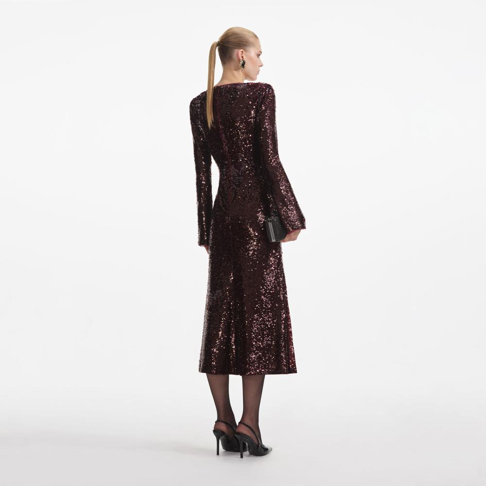 SELF PORTRAIT SS24 Burgundy Sequin Midi Dress