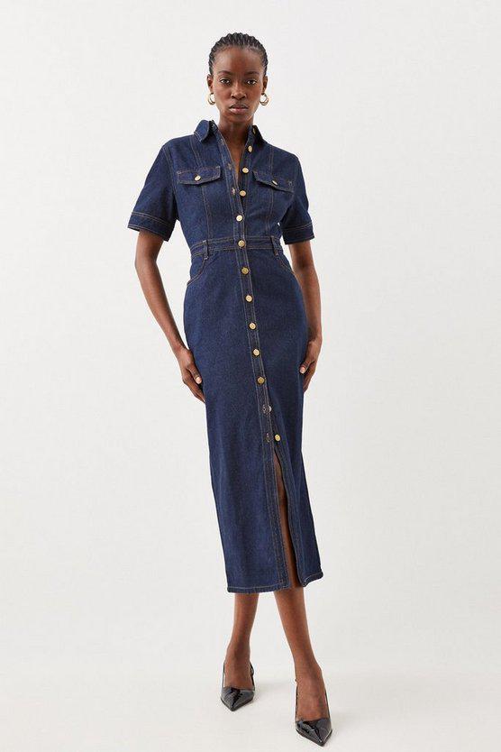 Karen Millen UK SALE Denim Maxi Shirt Dress - indigo