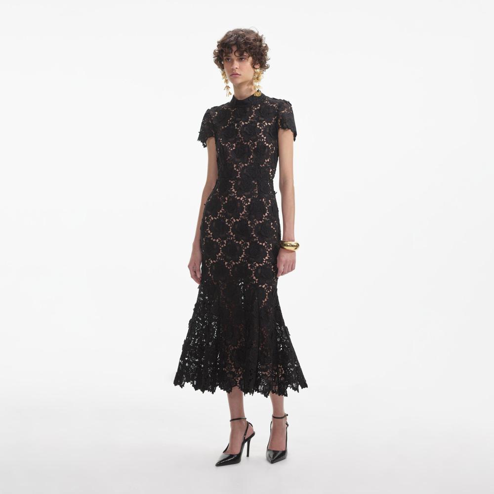 SELF PORTRAIT SS24 Black Flower Lace Midi Dress