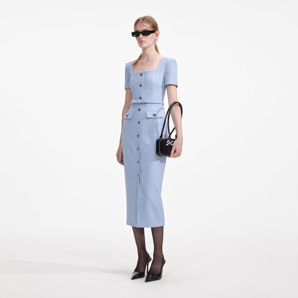 SELF PORTRAIT SS24 Blue Crepe Button Midi Dress