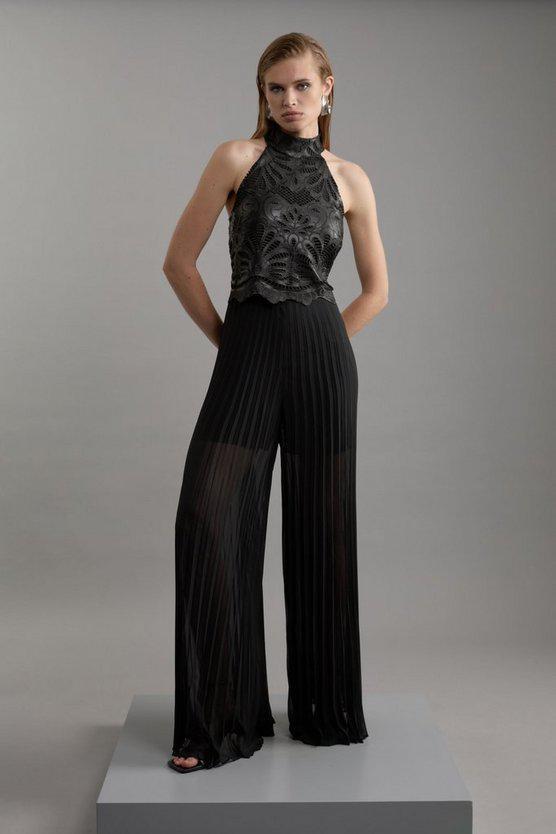 Karen Millen UK SALE Cutwork Pu Halter Neck Pleated Wide Leg Tailored  Jumpsuit