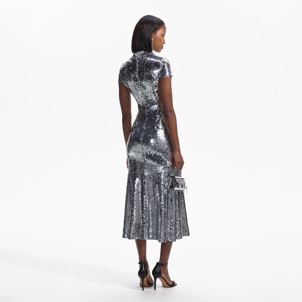 SELF PORTRAIT BLACK FRIDAY SALE Silver Sequin Twist Neck Midi Dress