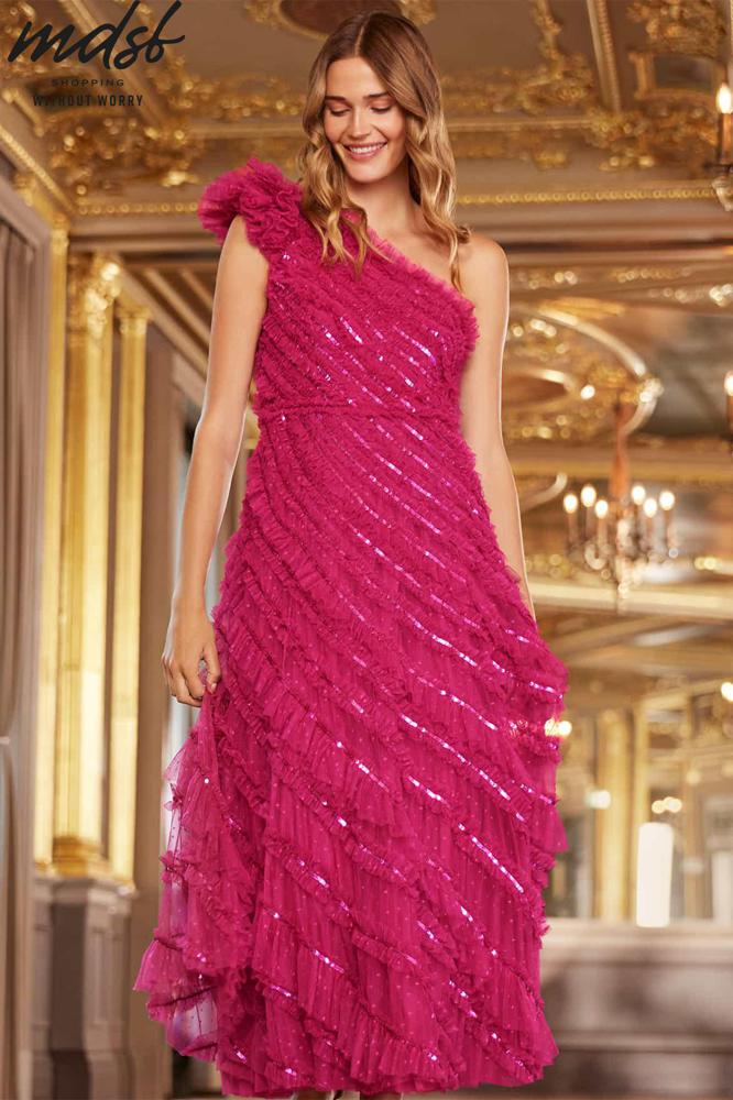 Needle & Thread CHRISTMAS SALE Spiral Sequin One-Shoulder Ankle Gown - pink