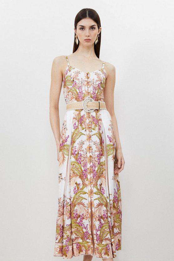 Karen Millen UK SALE Mirorred Floral Viscose Linen Strappy Midaxi Dress