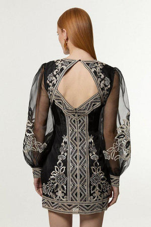 Karen Millen UK SALE Embroidered Organdie Balloon Woven Mini Dress - black