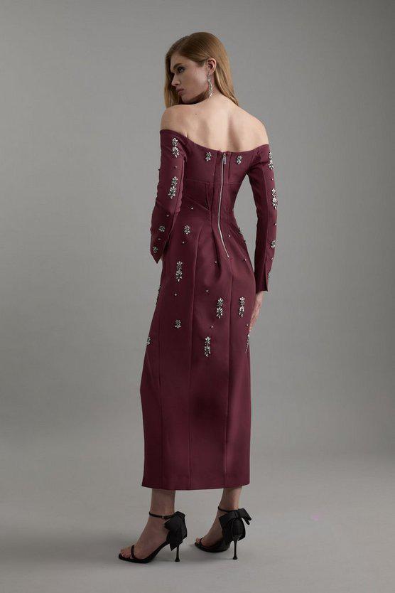 Karen Millen UK SALE Crystal Embellished Corset Detail Bardot Woven Midaxi Dress - plum