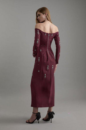 Karen Millen UK SALE Crystal Embellished Corset Detail Bardot Woven Midaxi Dress - plum