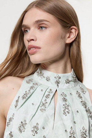 Karen Millen UK SALE Texture Jacquard Crystal Embellished High Neck Woven Mini Dress - sage