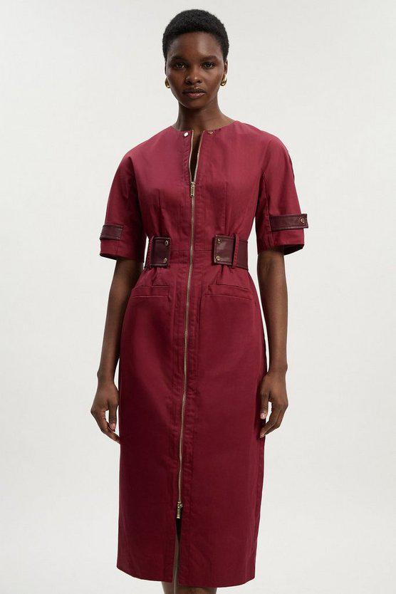 Karen Millen UK SALE Cotton & Faux Leather Tab Utility Midi Dress - burgundy