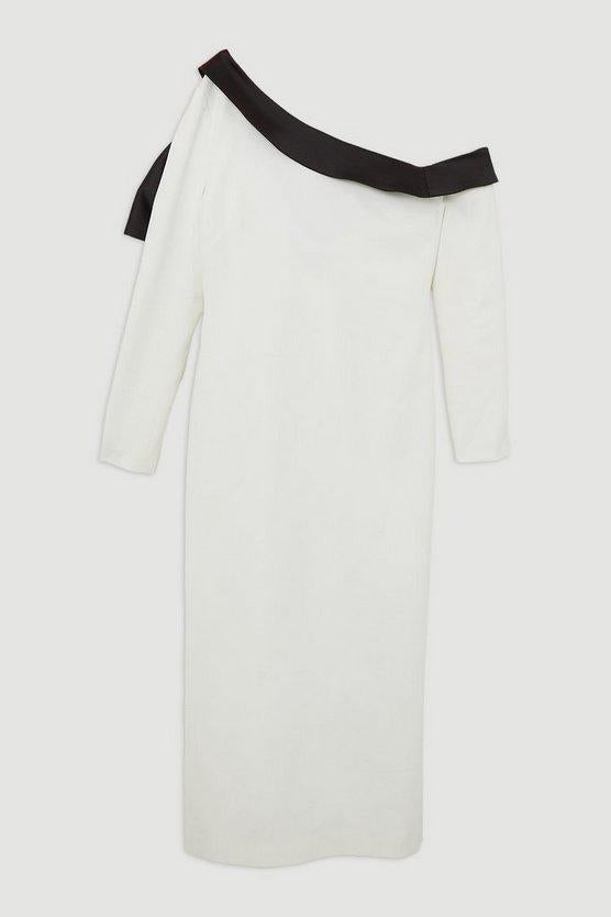 Karen Millen UK SALE Archive Collection - Bow Detail Asymmetric Crepe Off Shoulder Midi Dress