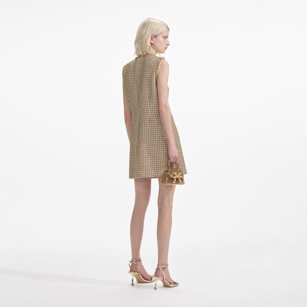 SELF PORTRAIT SS24 Gold Boucle Embellished Mini Dress