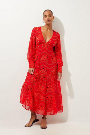 Karen Millen UK SALE Viscose Georgette Cutwork Beach Maxi Dress - red