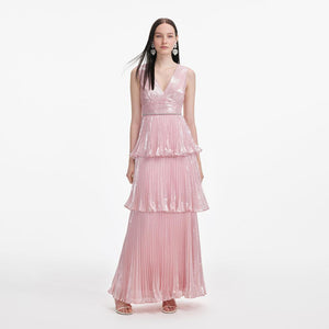 SP VIP PRICE Pink Metallic Tiered Maxi Dress