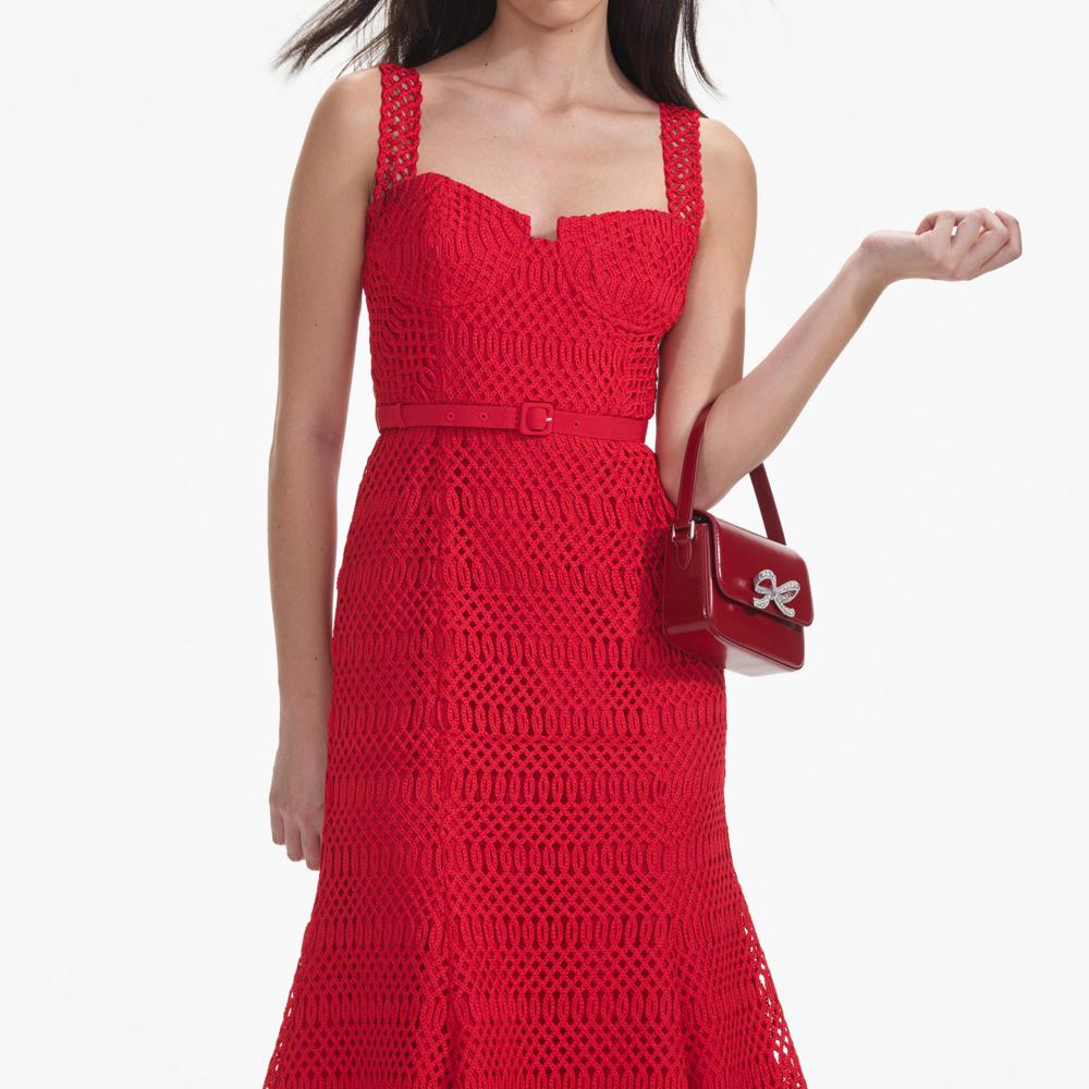 SELF PORTRAIT SS24 Red Lattice Lace Midi Dress