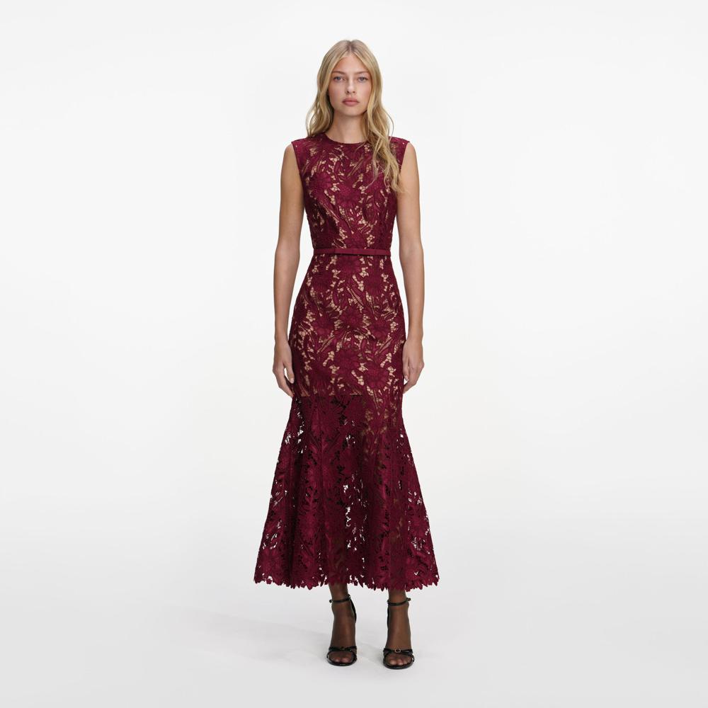 SP VIP PRICE Burgundy Guipure Lace Midi Dress