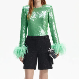 SELF PORTRAIT BLACK FRIDAY SALE Mint Sequin Feather Top