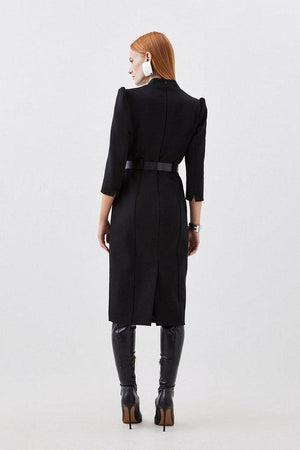 Karen Millen UK SALE Compact Stretch Tailored Forever Belted Midi Dress - black