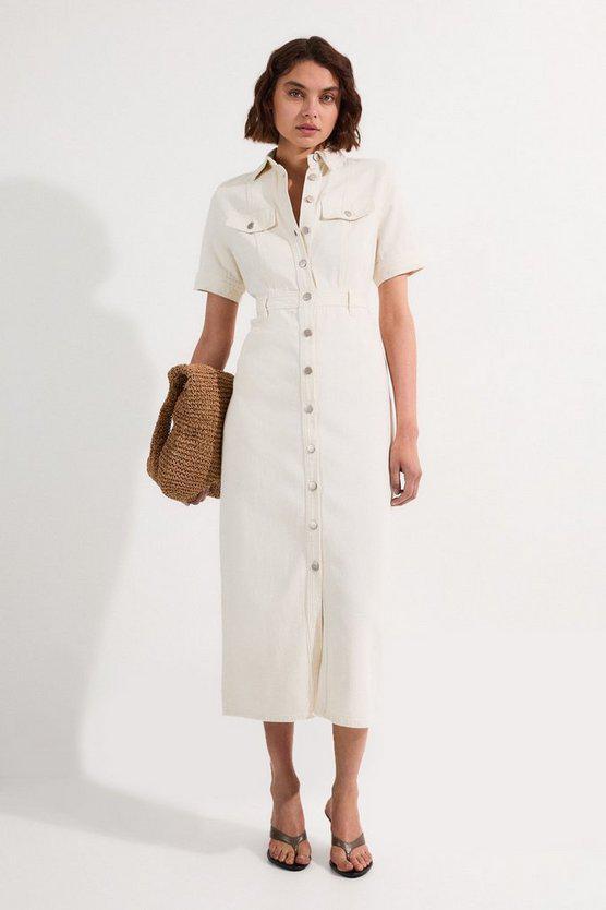 Karen Millen UK SALE Denim Maxi Shirt Dress - cream