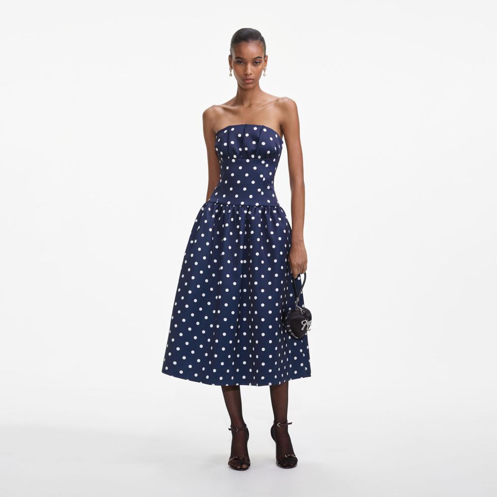 SELF PORTRAIT SS25 VIP PRICE Navy Polka Dot Satin Midi Dress