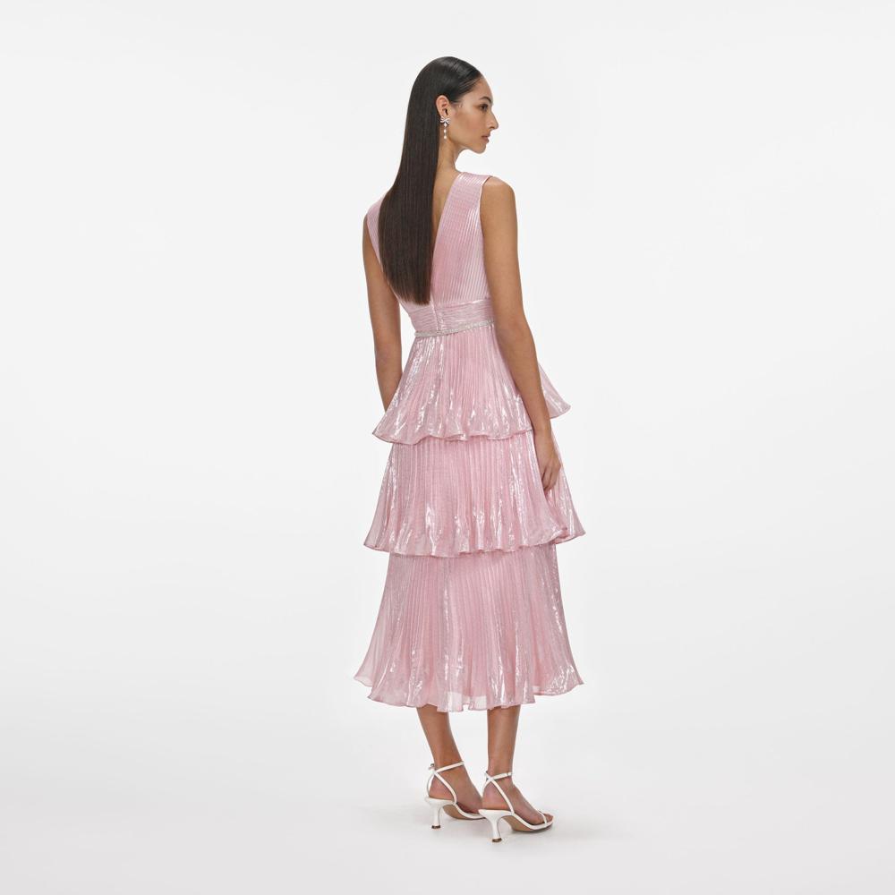 SP VIP PRICE Pink Metallic Tiered Midi Dress