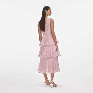 SP VIP PRICE Pink Metallic Tiered Midi Dress
