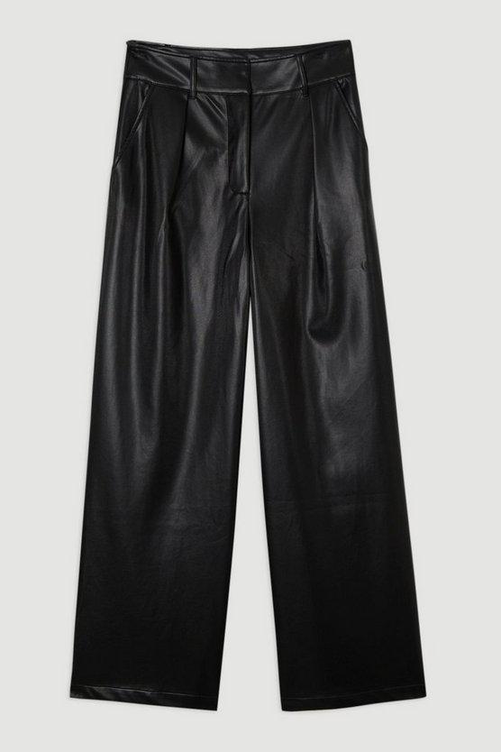 Karen Millen UK SALE Faux Leather High Waisted Wide Leg Trousers - black