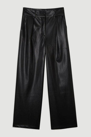 Karen Millen UK SALE Faux Leather High Waisted Wide Leg Trousers - black