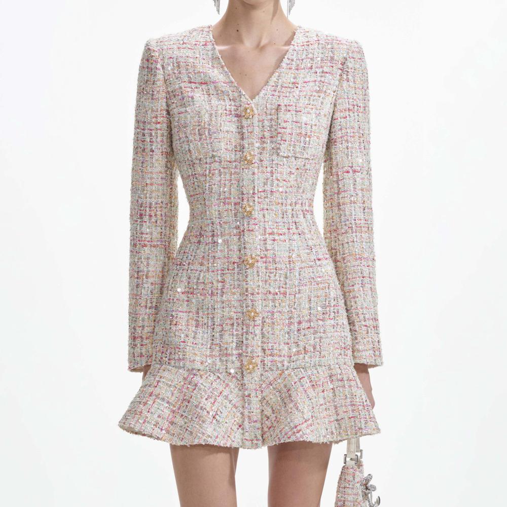 SELF PORTRAIT SS24 Pastel Boucle V-Neck Mini Dress