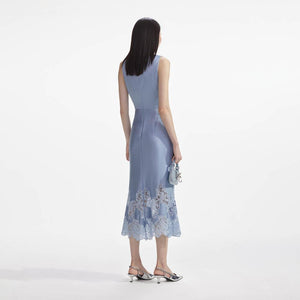 SELF PORTRAIT SS24 Blue Satin Lace Insert Midi Dress