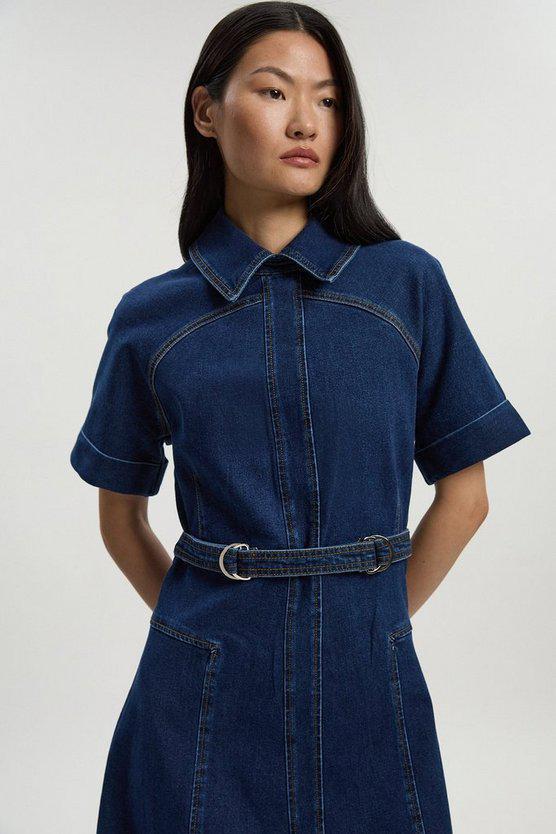 Karen Millen UK SALE Stretch Denim Tab Belt Detail Midi Dress