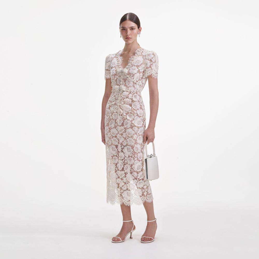 SELF PORTRAIT SS25 VIP PRICE Cream Fine Lace Pearl Midi Dress