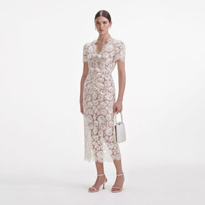 SELF PORTRAIT SS25 VIP PRICE Cream Fine Lace Pearl Midi Dress