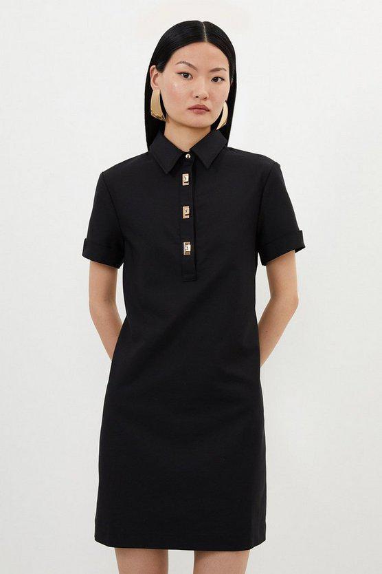 Karen Millen UK SALE Tall Techno Cotton Woven Short Dress With Gold Clasps