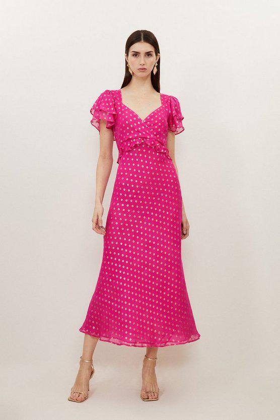 Karen Millen UK SALE Metallic Viscose Georgette Angel Sleeve Maxi Dress - pink