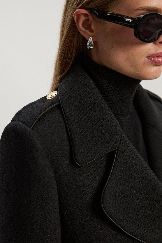 Karen Millen UK SALE Wool Double Breasted Military Tailored Midi Coat - black